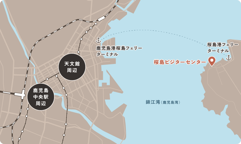 鹿児島市街地から桜島ビジターセンターまでのアクセス図